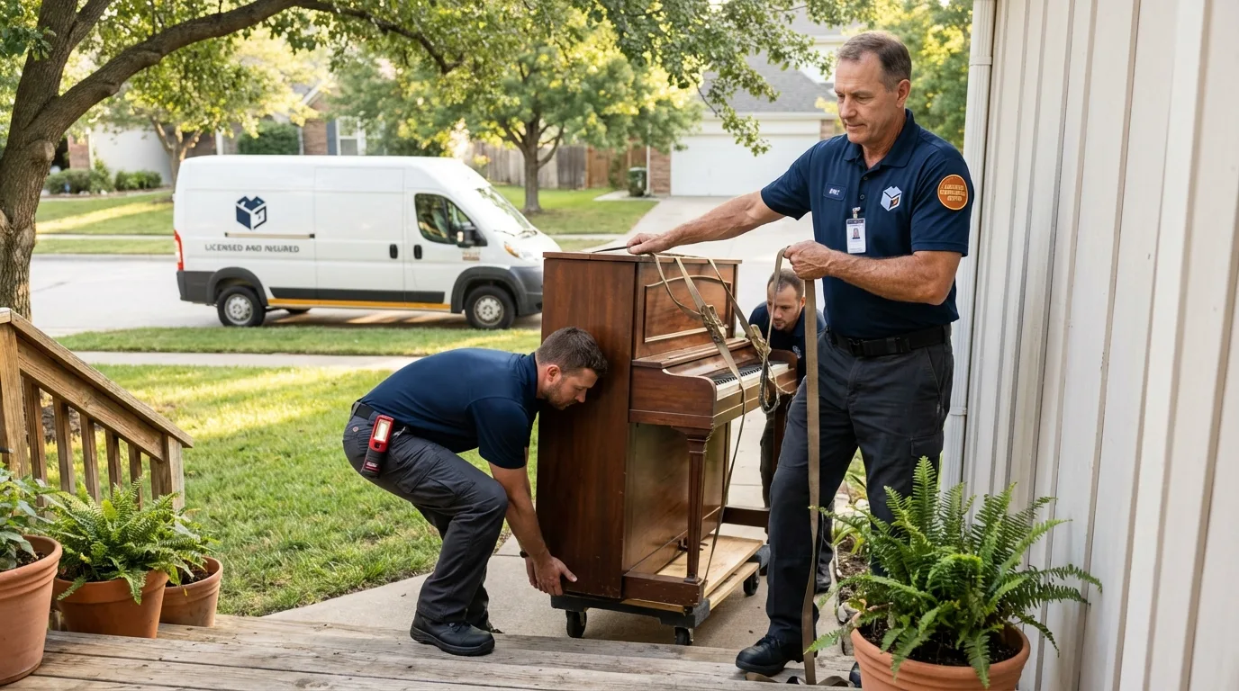 Licensed piano movers securing grand piano in England, AR