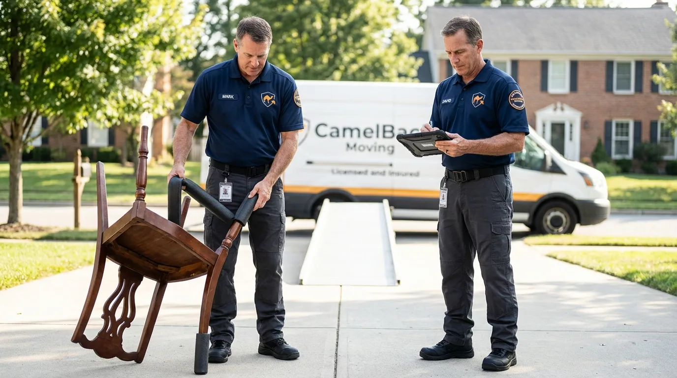 Movers inspecting furniture for damage prevention before loading in England, AR
